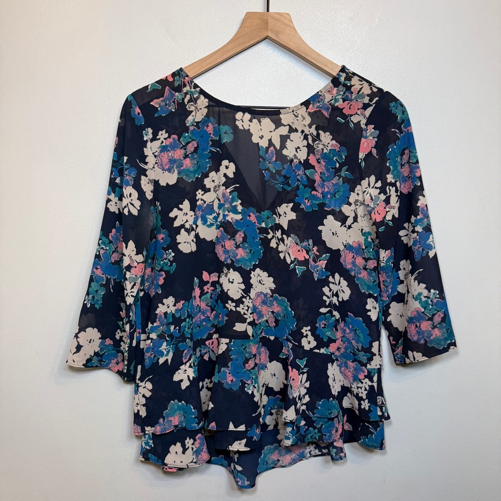Everly Women's Floral Chiffon Peplum Blouse 3/4 Sleeve Top Size Medium